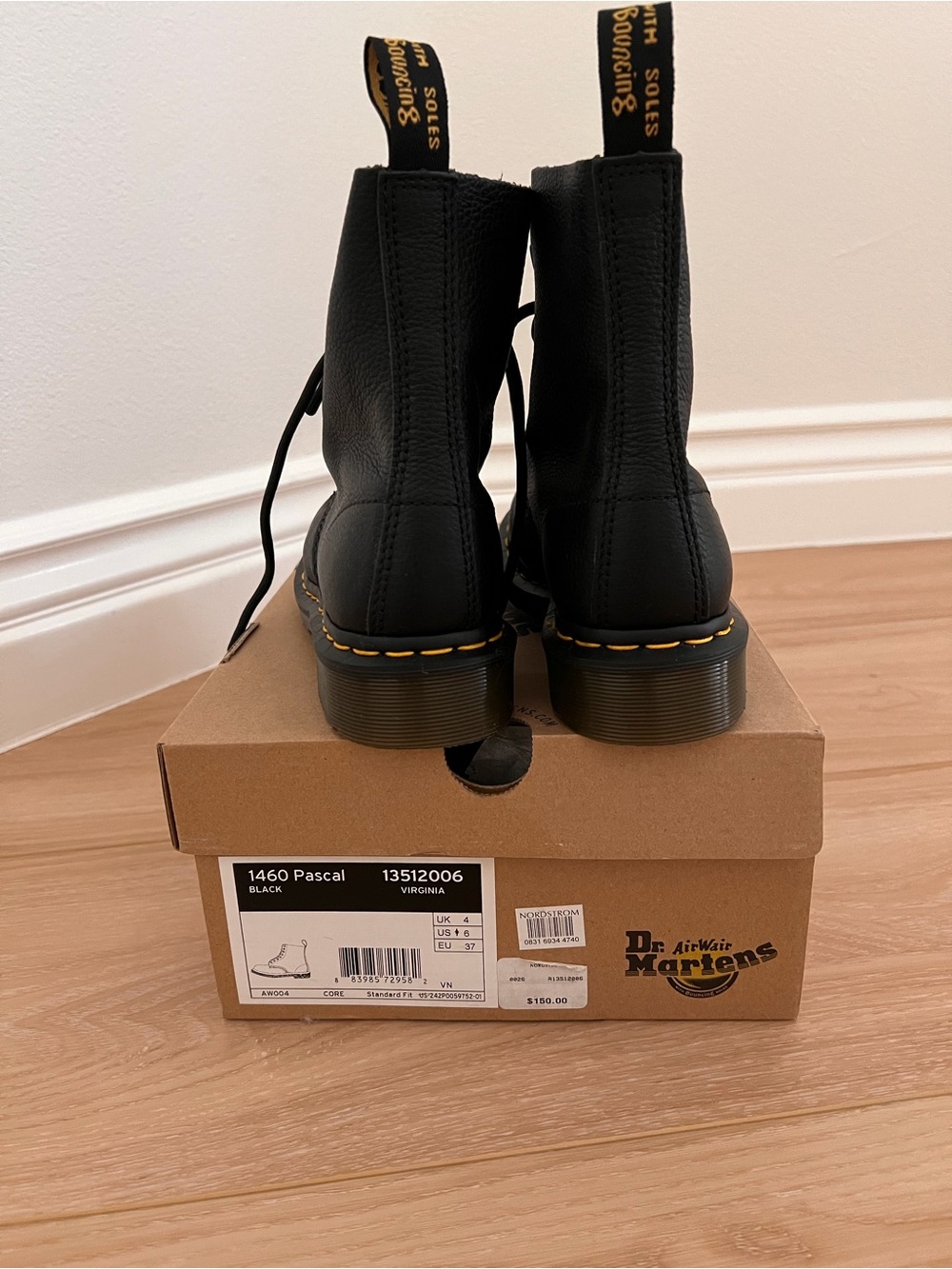 Dr. Martens Black Lace-Up Combat Boots with Yellow Stitching